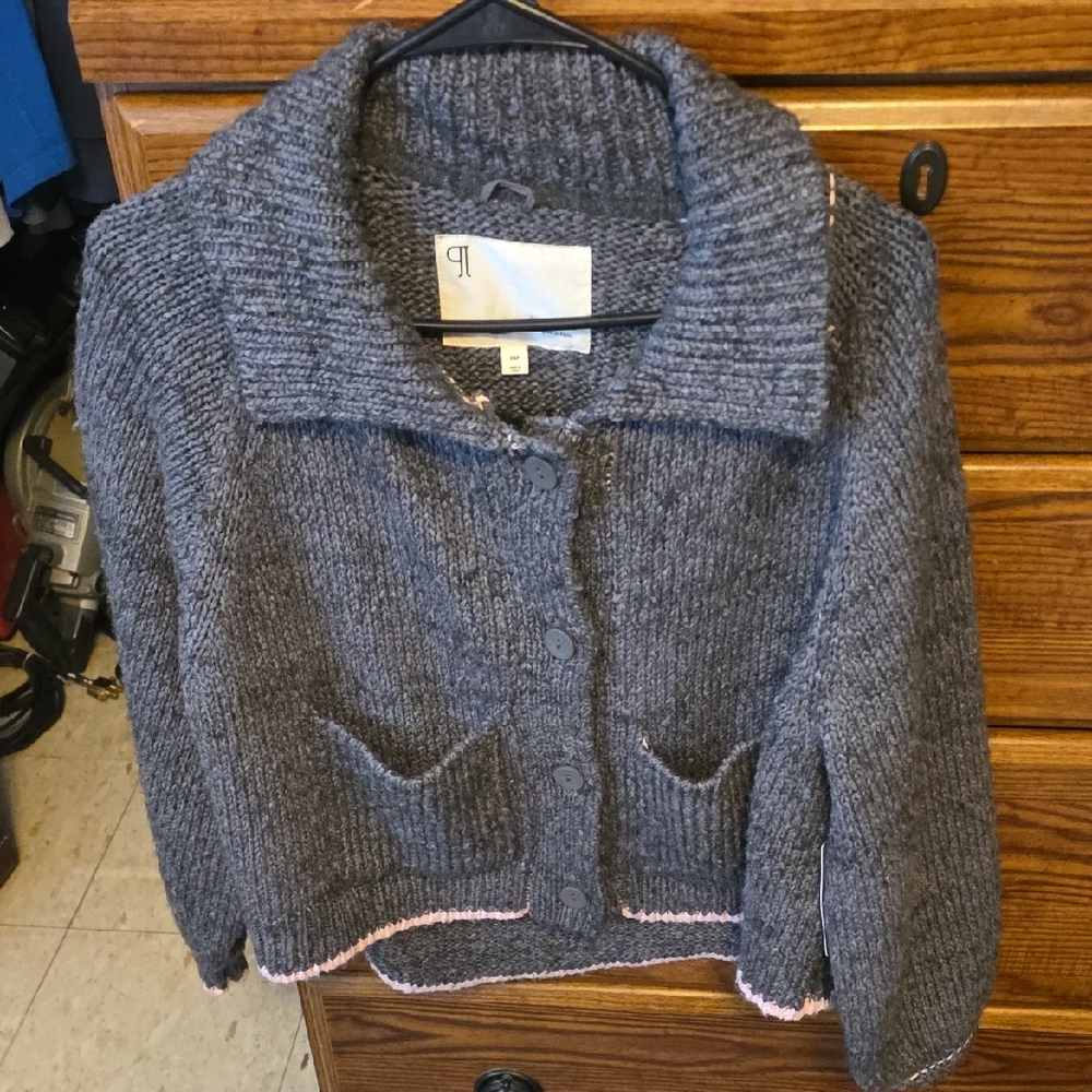 Anthropologie Gray Knit Button-Front Cardigan with Pink Trim
